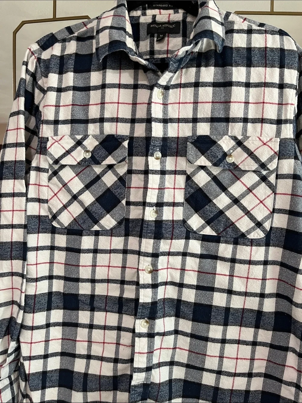 Banana Republic Navy, White & Red Plaid Flannel Button-Down Shirt